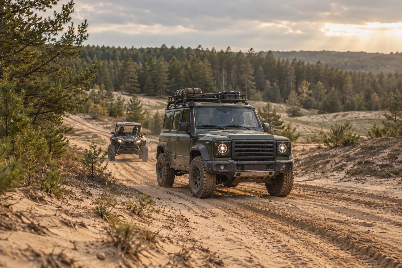 Samochód terenowy 4×4 i pojazd SSV na piaszczystej trasie wśród sosen — ilustracja koncepcyjna AI