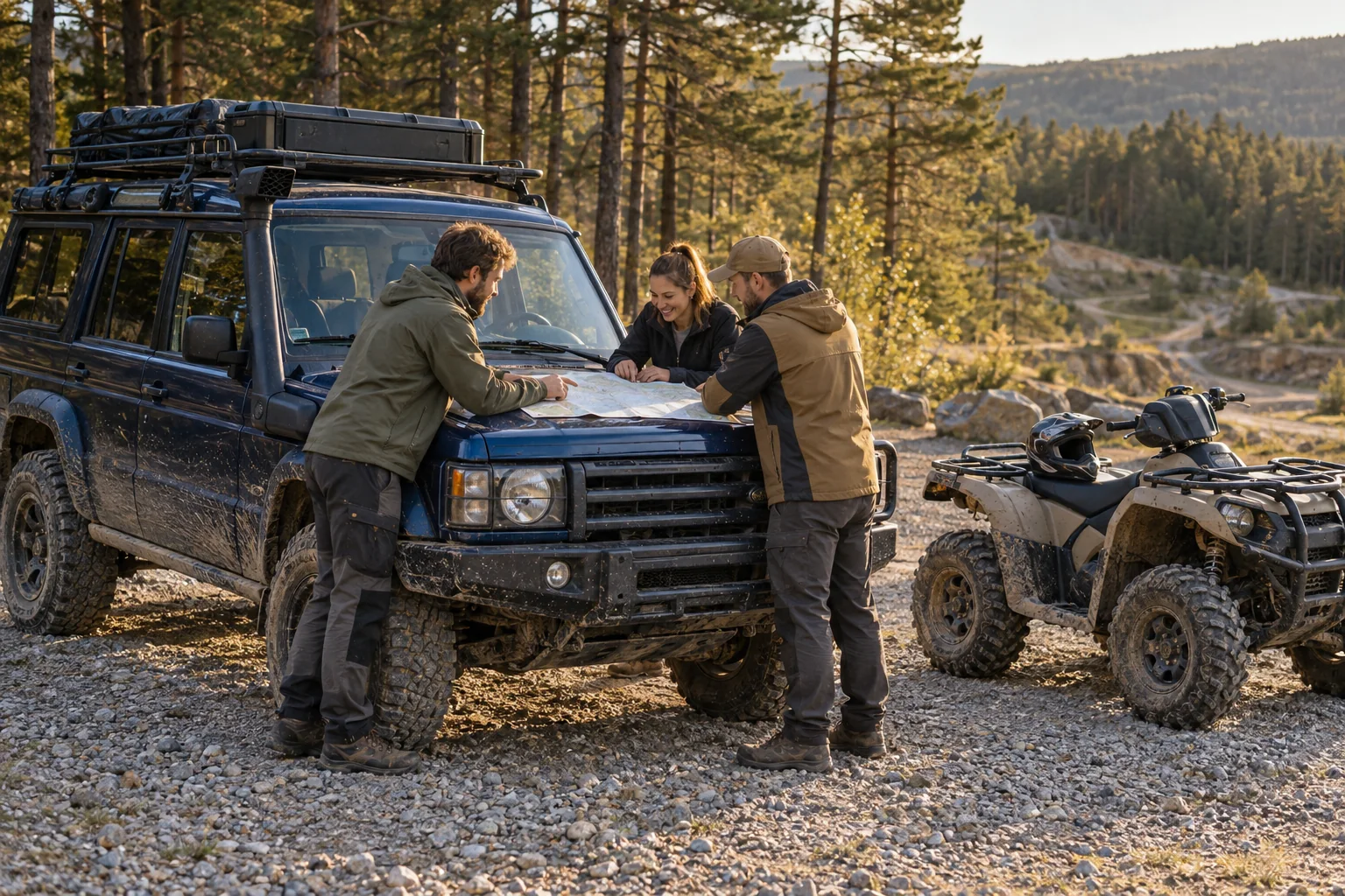 Trzy osoby planujące trasę obok samochodu terenowego 4×4 i quada — ilustracja koncepcyjna AI